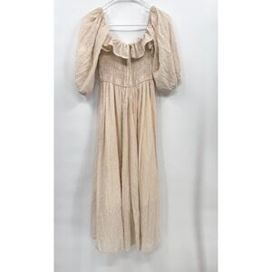 R.Vivimos Medium‎ Swiss Dot Puff Sleeve Smocked Midi Dress Womens Cream Boho